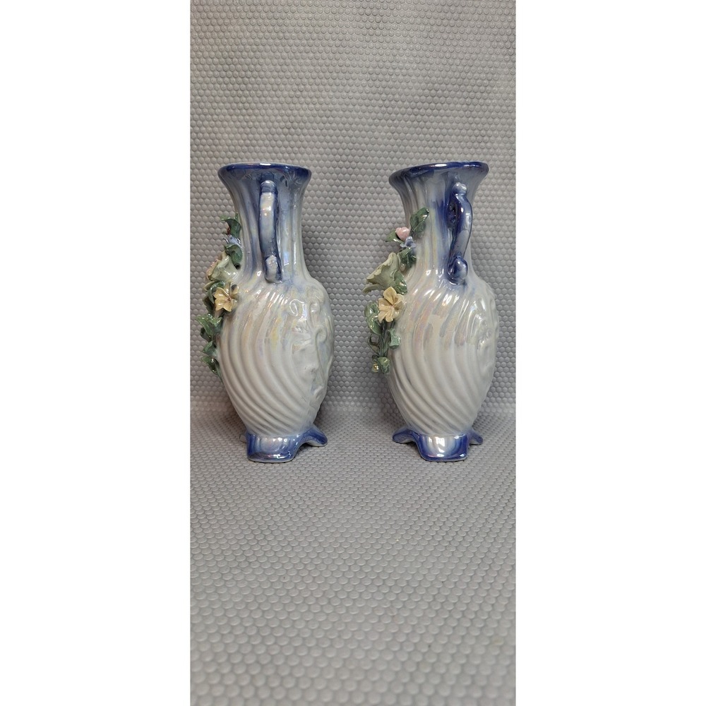 Vintage Lefton Porcelain 2 Handled 3D Floral Vases ~ 7" x 3" Blue Glazed - Picture 2 of 7